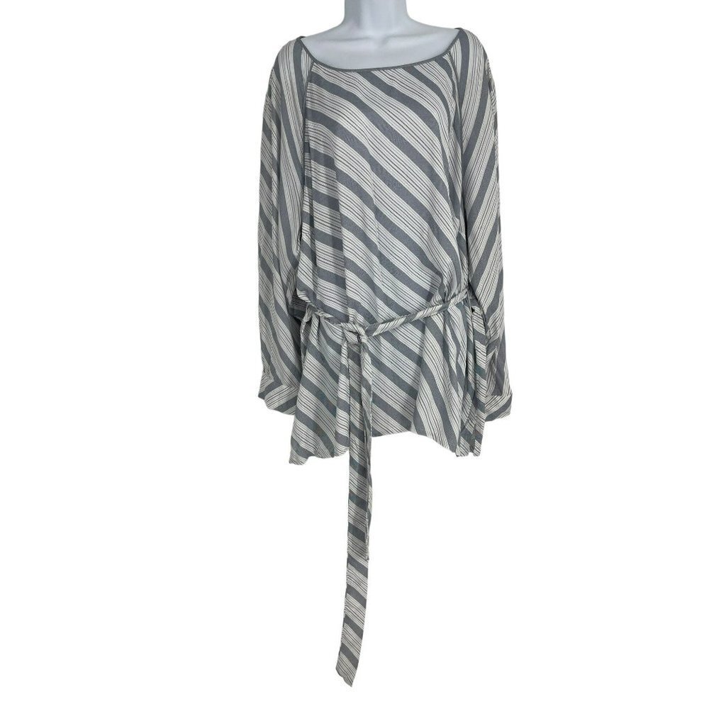 Loft Striped Long Sleeve Belted Boat Neck Keyhole Back Blouse Size 24